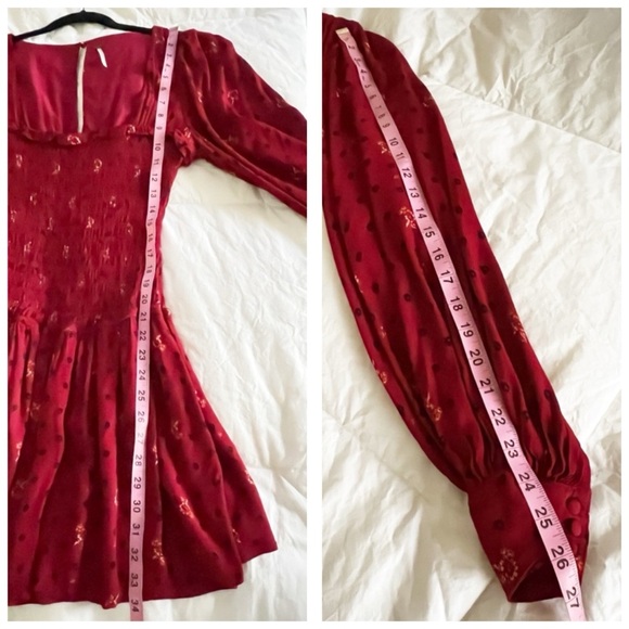 Free People Flirty Coquette Smocked Mini Dress Red Floral Puff Sleeve Size Small - Picture 13 of 14